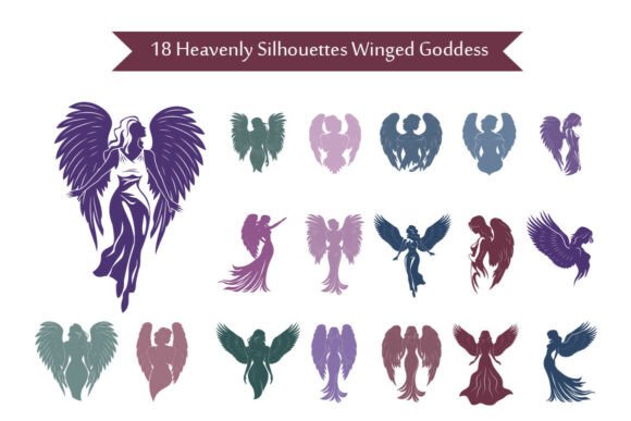 18 Heavenly Silhouettes Winged Goddess Graphics & Illustrations