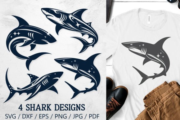 4 Tribal Shark Silhouettes SVG Cut Files