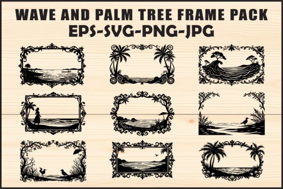 Black Tropical Palm Tree Beach Frame: Graphics & Illustrations