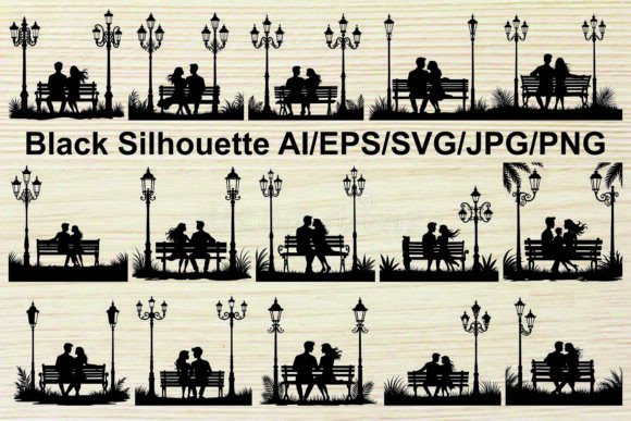 Couple Park Bench Silhouette Bundle: Graphics & Illustrations