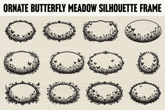 Ornate Butterfly Meadow Silhouette Frame Graphics