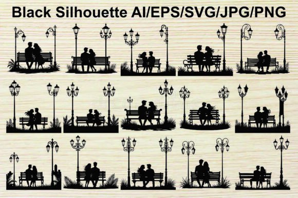 Park Bench Couple Silhouette Bundle: Graphics & Illustrations