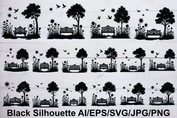 Silhouette Garden Benches Trees and Bird Graphics
