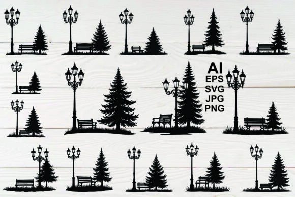 Silhouette Park Lampposts Pine Trees Set: Graphics & Illustrations
