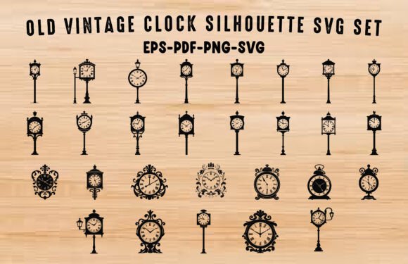 Vintage Clock SVG Silhouette Clipart Set: Graphics & Illustrations for Handmade Brands