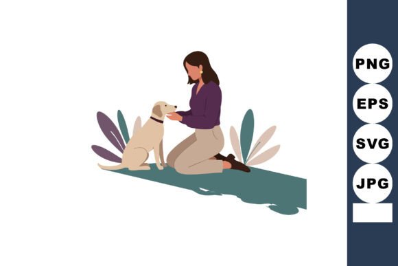Woman Kneeling and Petting Dog on Ground